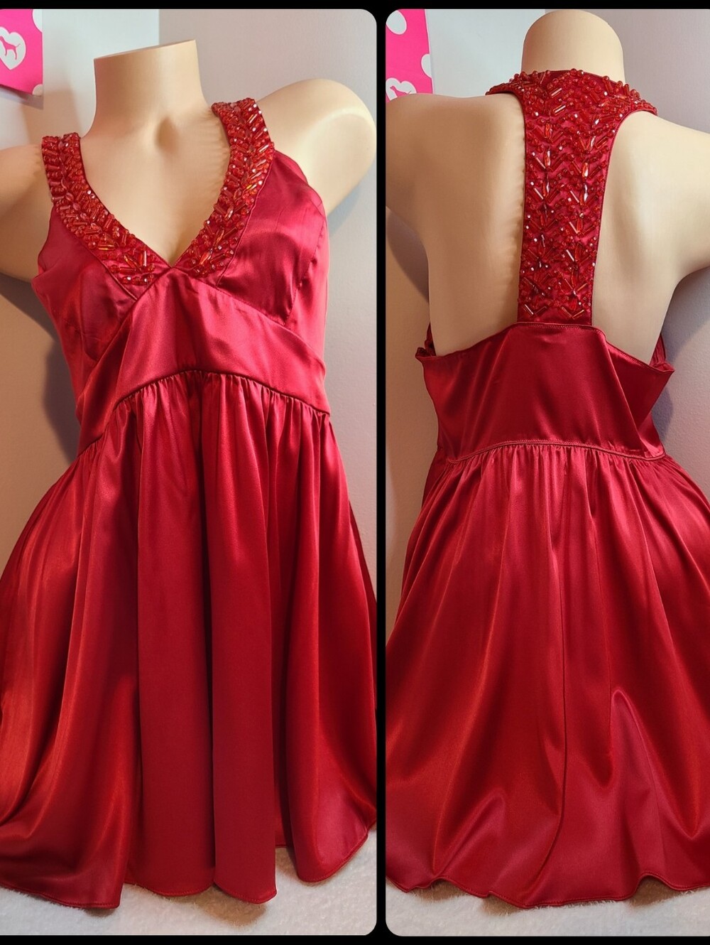 Rare VTG Victoria's Secret Silky Satin Beaded Babydoll Mini Dress Size XL